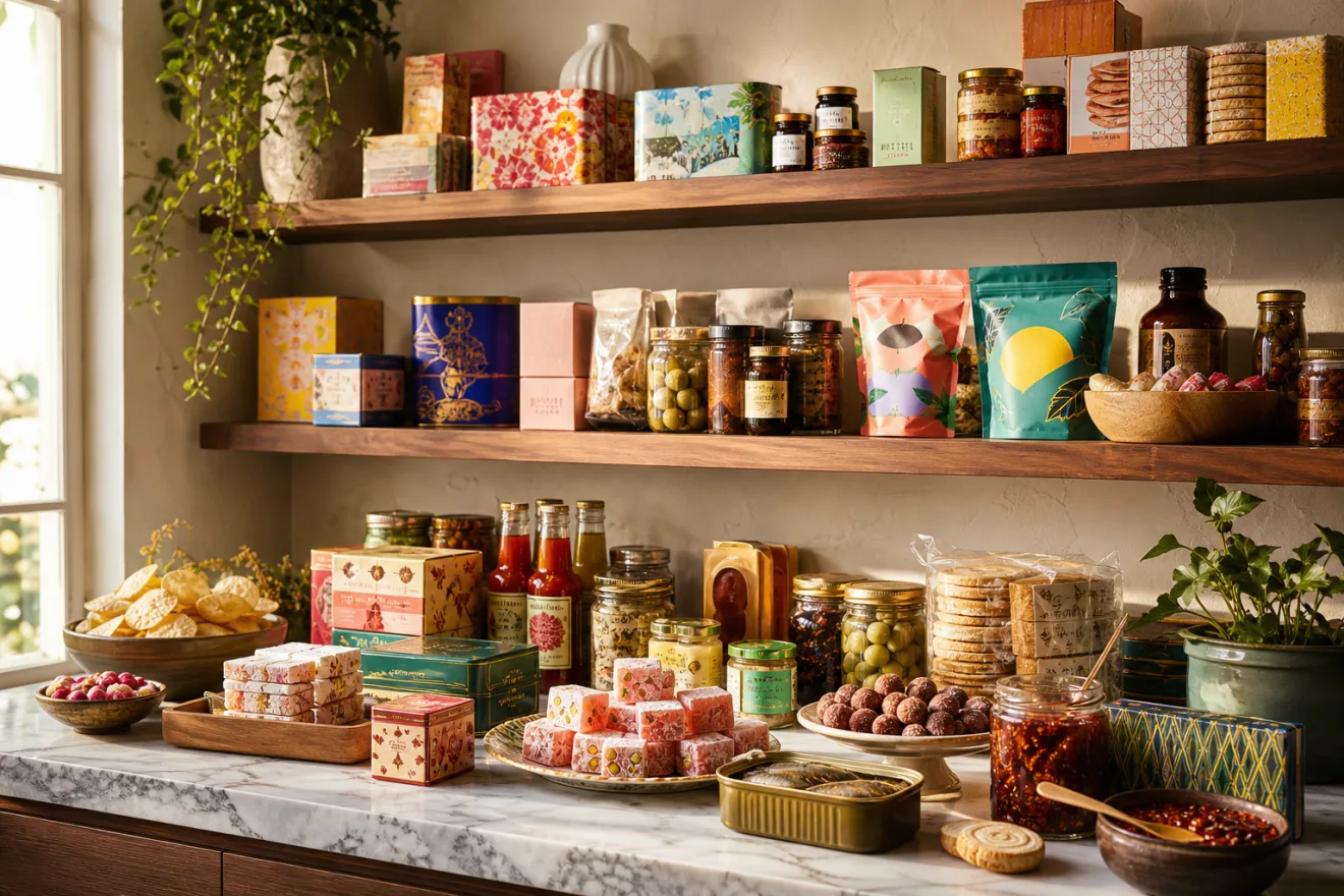 A pantry table filled with international snacks, sauces, tins, and sweets