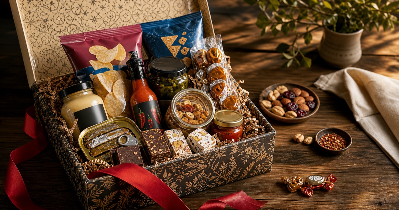 A rare-food gift box with snacks, sauces, tins, sweets, and pantry treats.