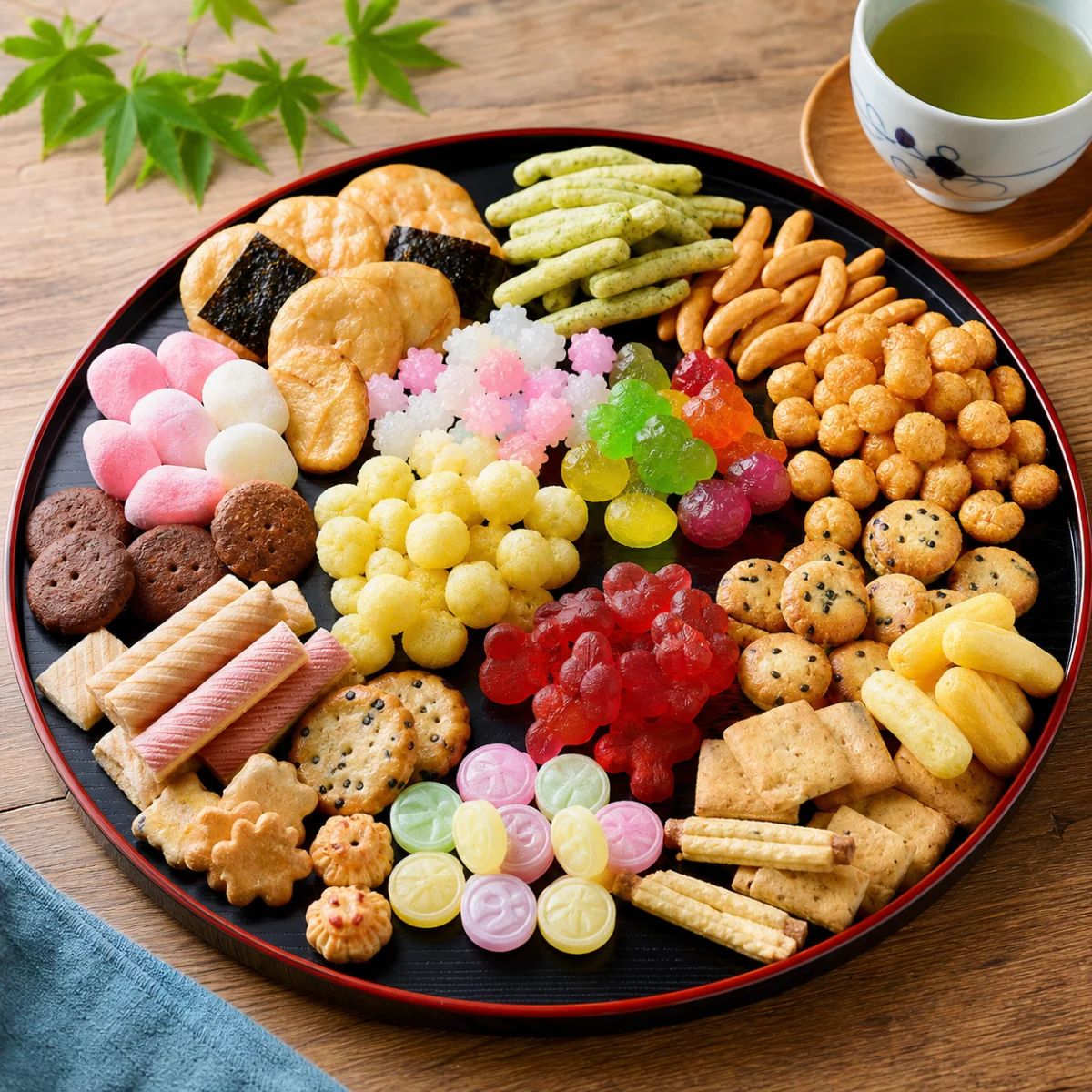 Serving idea for Japanese Snack Assortment 40 pcs of 32 Types Full of Dagashi