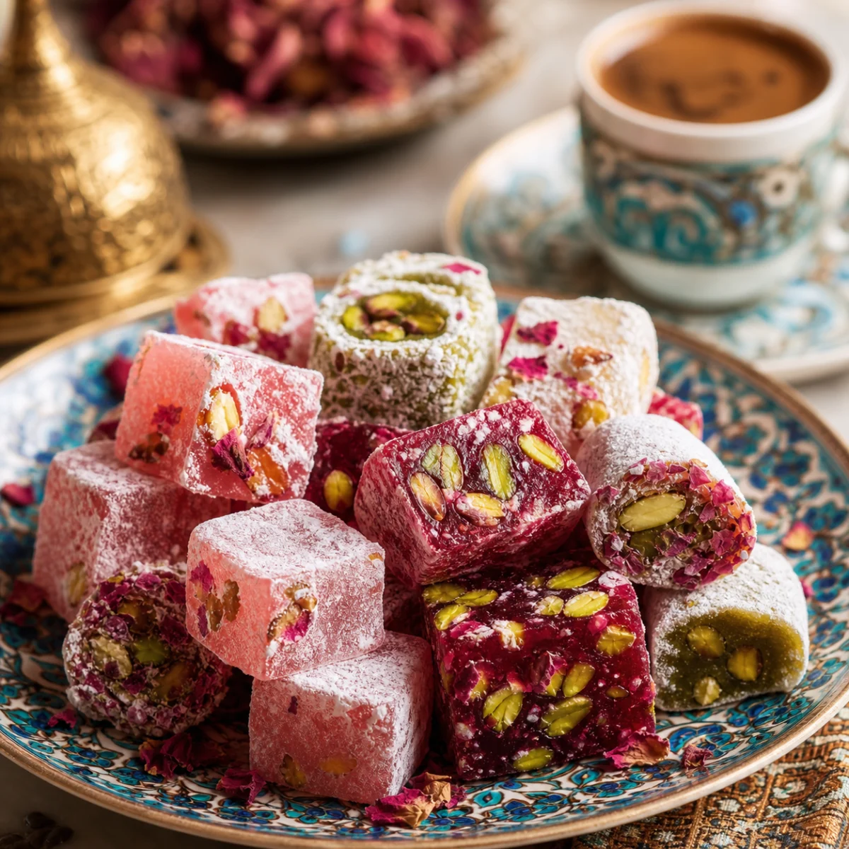 Serving idea for Cerez Pazari Turkish Delight Pistachio with Rose and Pomegranate